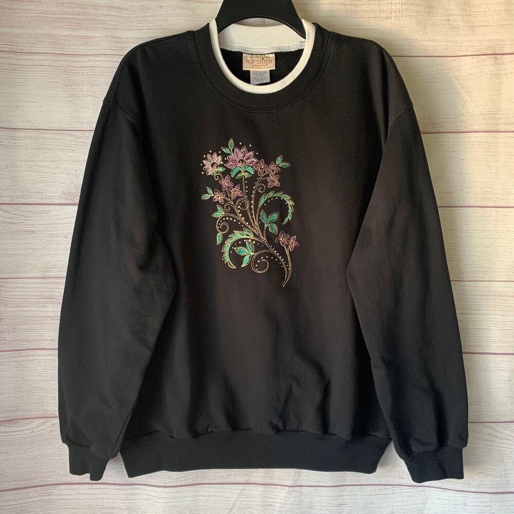 Vintage 90s Top Stitch by Morning Sun Embroidered Floral Sweatshirt Black XL